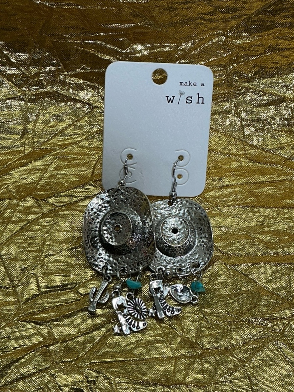 Make a Wish Silver Western Charm Dangle Earrings with Turquoise Accents